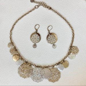 Gold&Silver Statement Necklace w/ Drop Earrings